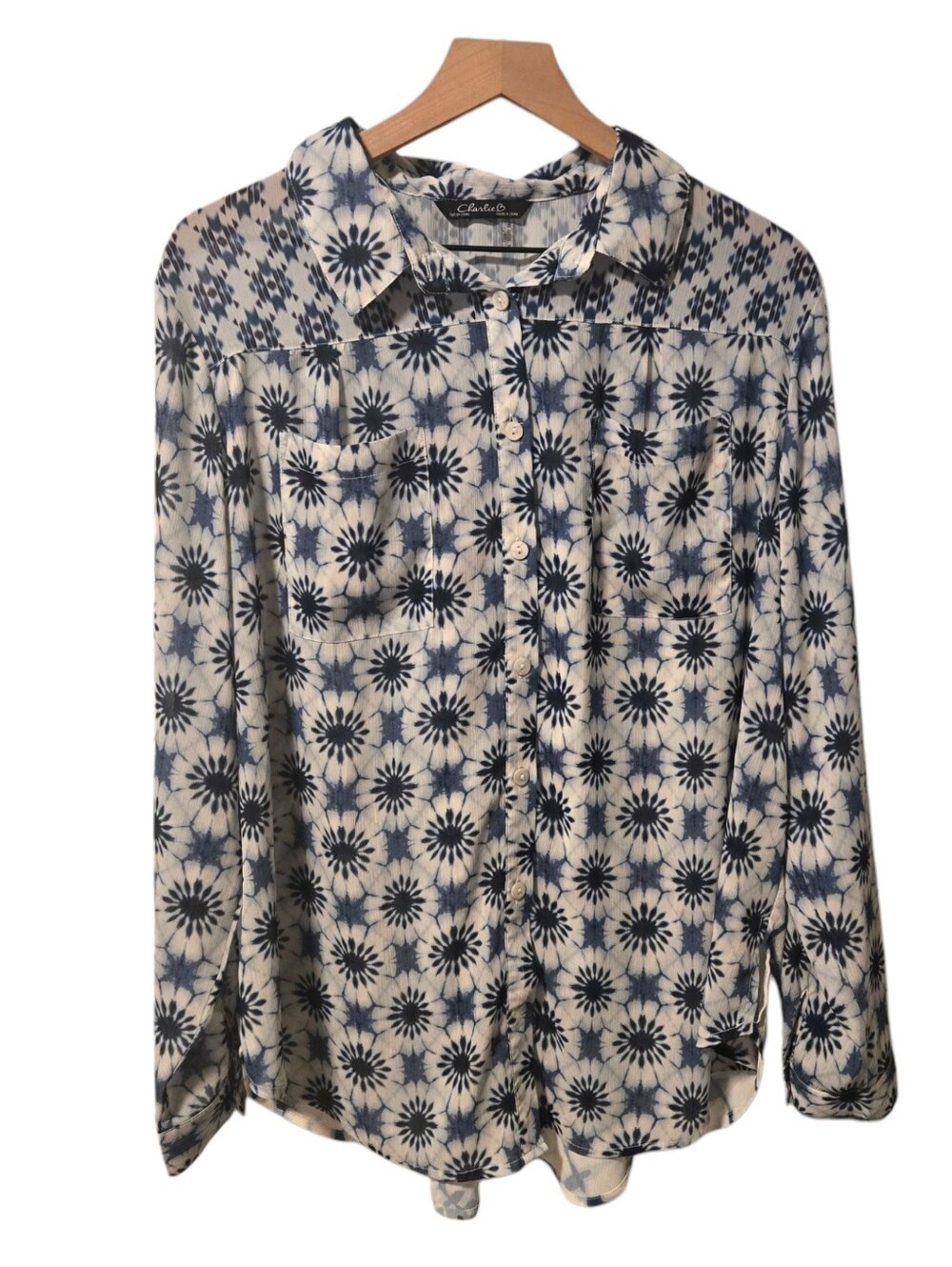 Charlie B Blue White Floral Starburst Shibori Semi-Sheer Button Down Blouse XL